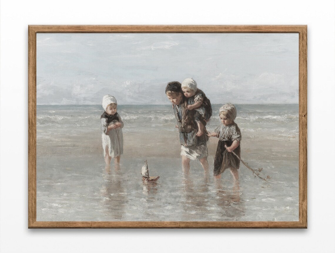 Victorian Children Playing At The Beach Vintage Seascape Oil Painting Poster