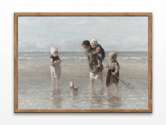 Victorian Children Playing At The Beach Vintage Seascape Oil Painting Poster