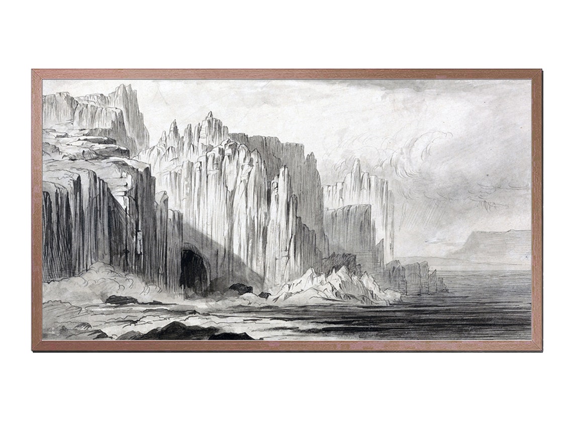 Dramatic Cliff Canyon Sketch Vintage Black White Landscape Art Poster