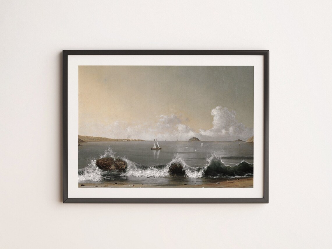 Waves Breaking On Coastal Rocks With Sailboats Marine Oil Painting Poster - Image 4