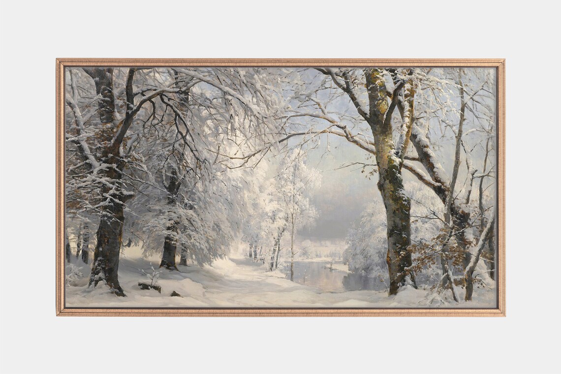Snow Blanketed Winter Woodland With Frozen Lake Vintage Art Poster