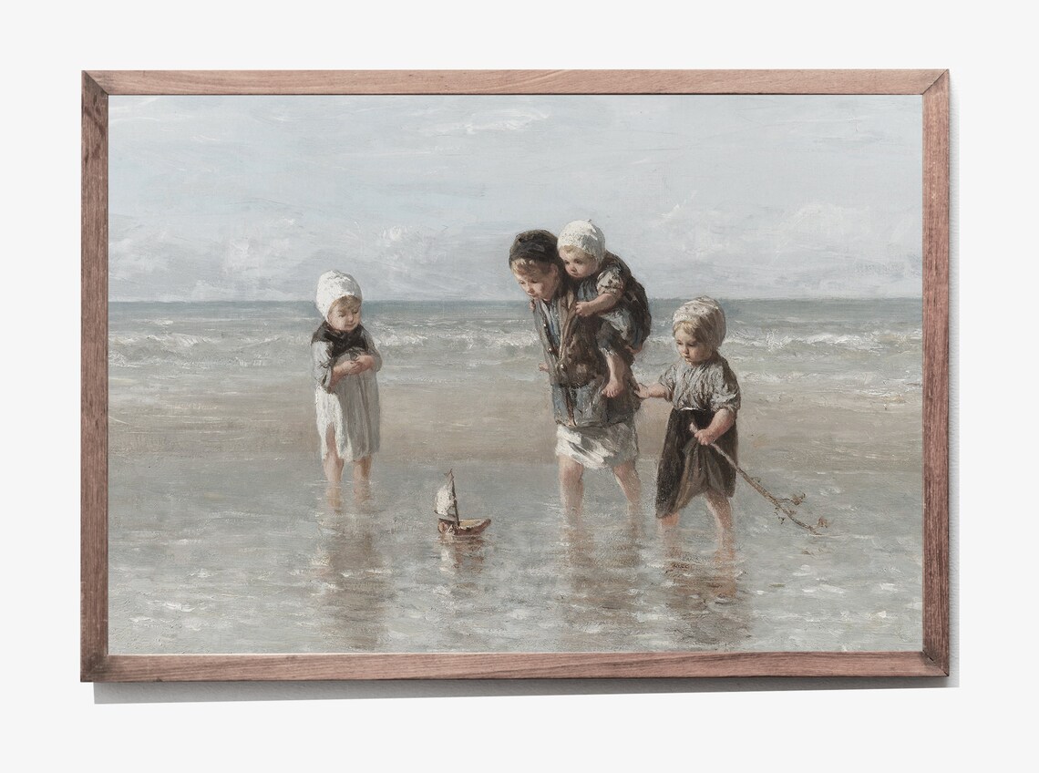 Victorian Children Playing At The Beach Vintage Seascape Oil Painting Poster - Image 2