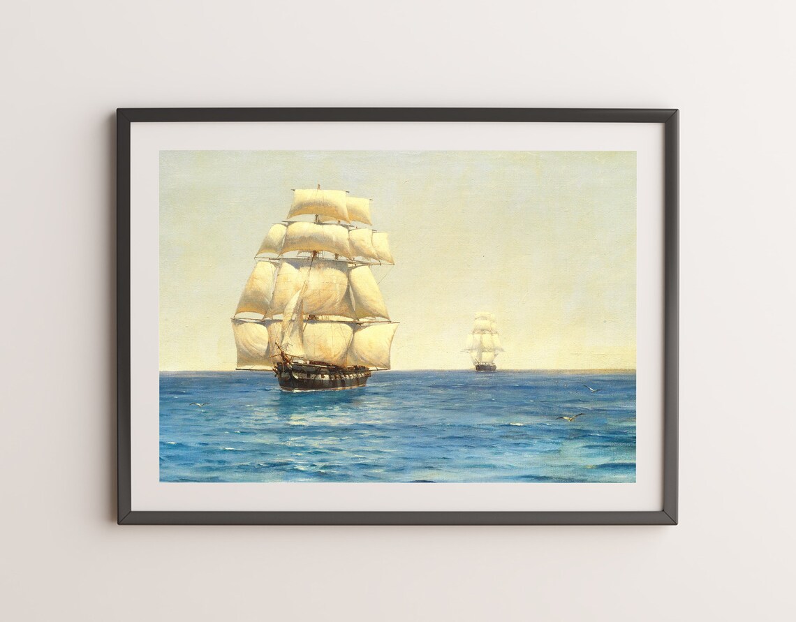 Vintage Sailing Ships On The Ocean Tall Masts Full Sails Nautical Art Poster - Image 3