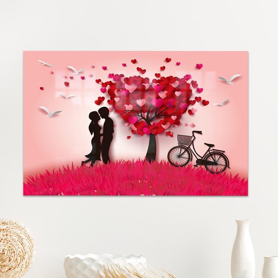Couple In Heart Glass Wall Art Modern Printing Valentines Day Gift For Girl Decoration 3d