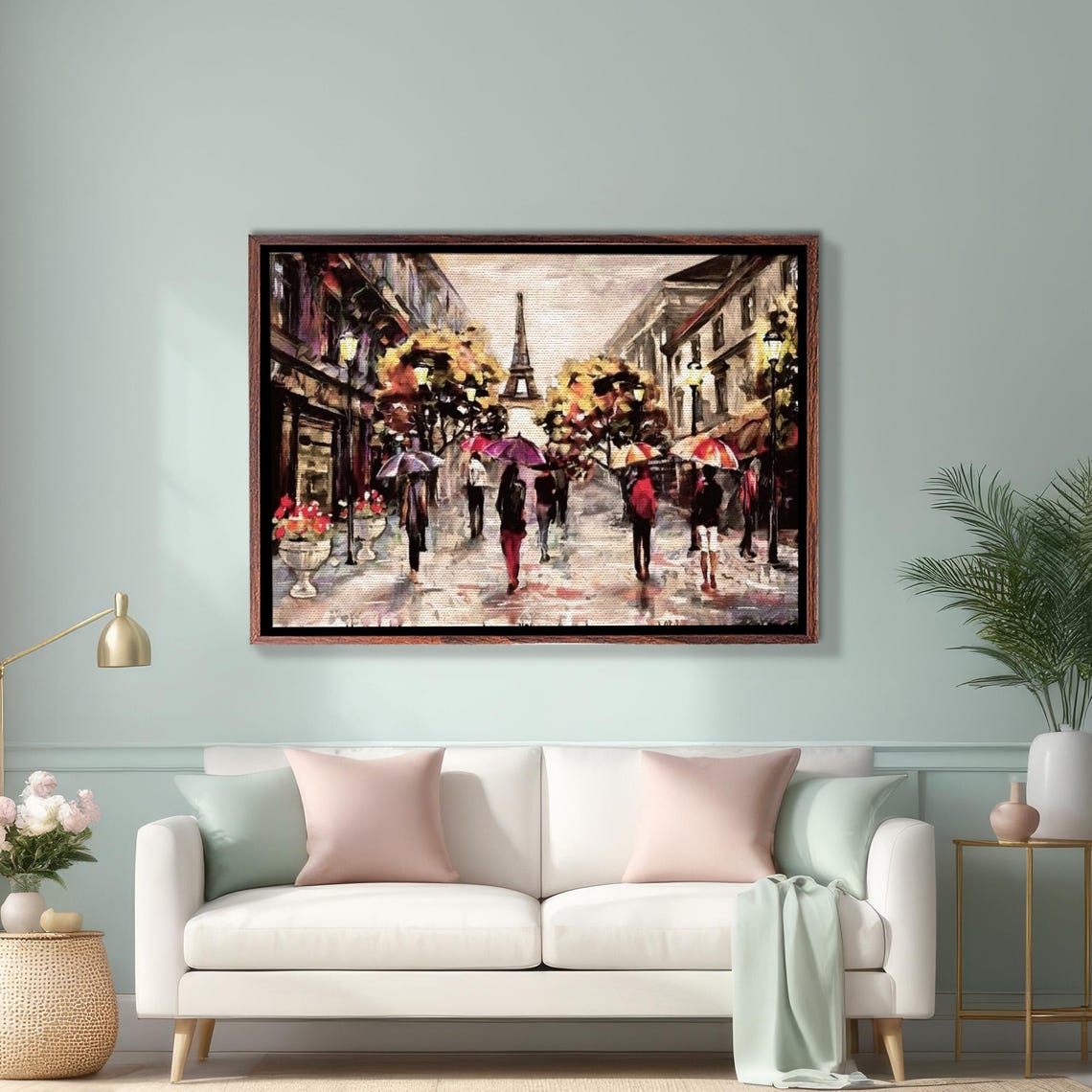 Eiffel Tower Paris Street With Umbrellas on Rainy Day Poster