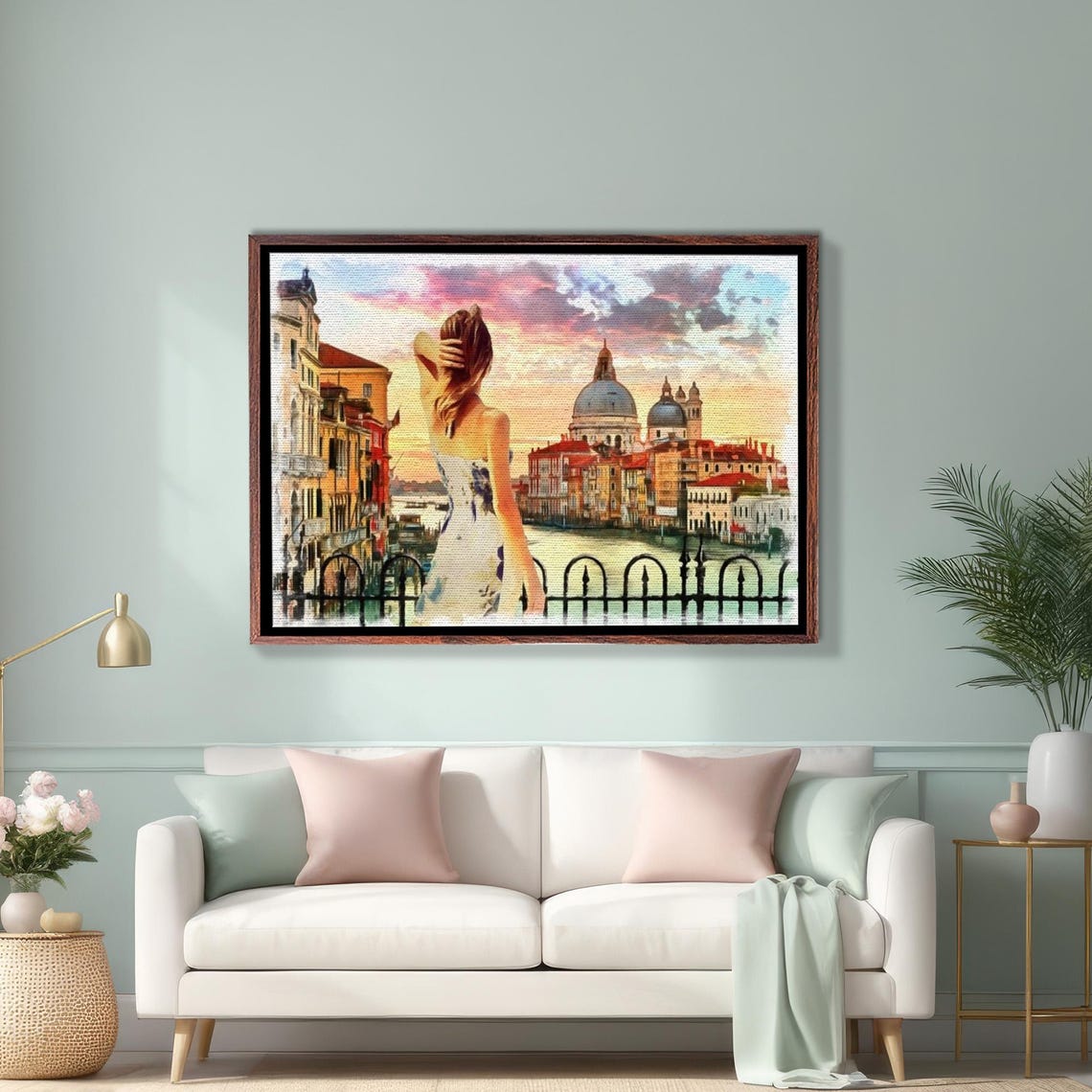 Woman in White Watching Venice Canal Sunset Romantic Italy Poster