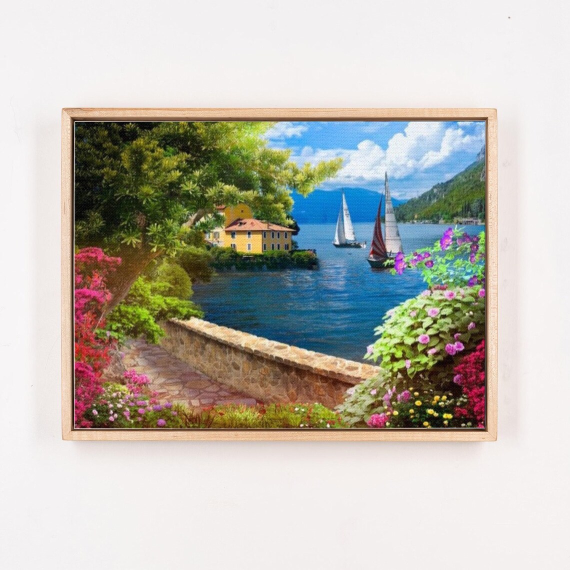 Lakeside Villa with Sailboats and Blooming Flower Gardens Poster - Image 4
