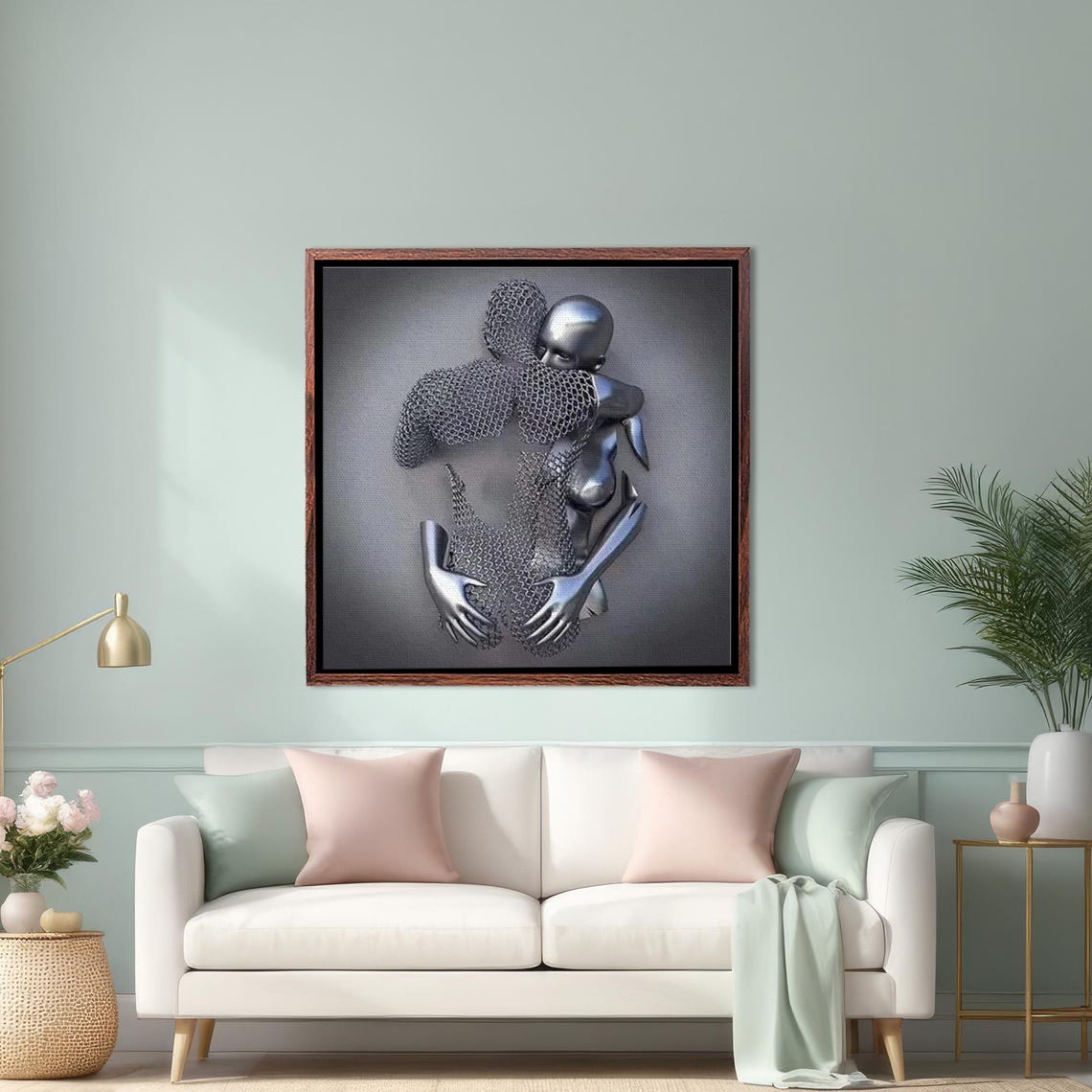 Chrome Silver Embracing Figures Surreal 3D Metallic Effect Poster