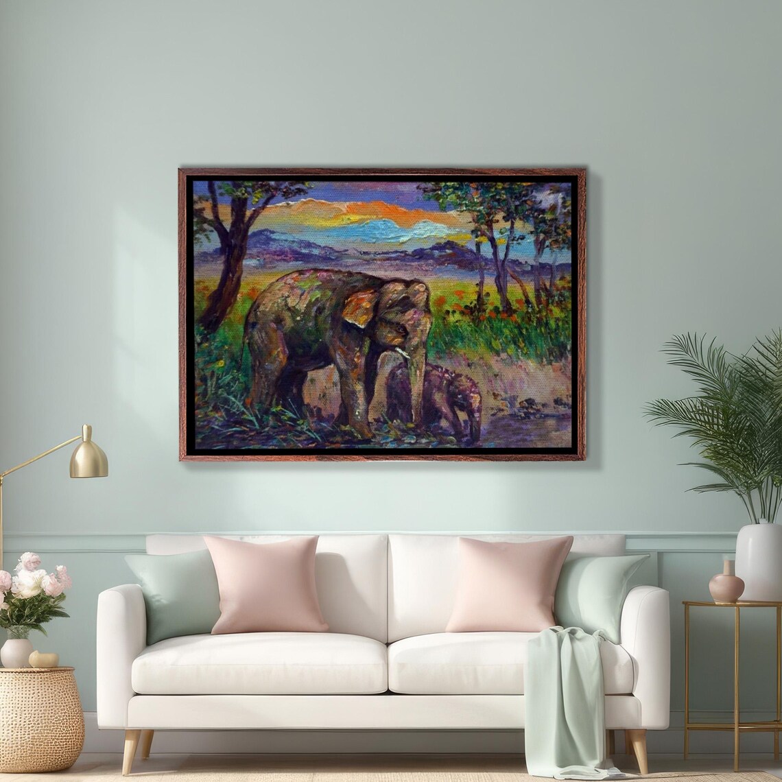 Mother And Baby Elephant Walking Together In Forest Painting Poster