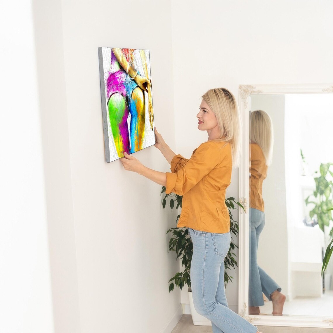 Colorful Watercolor Splash Woman In Denim Shorts Pop Art Poster - Image 5