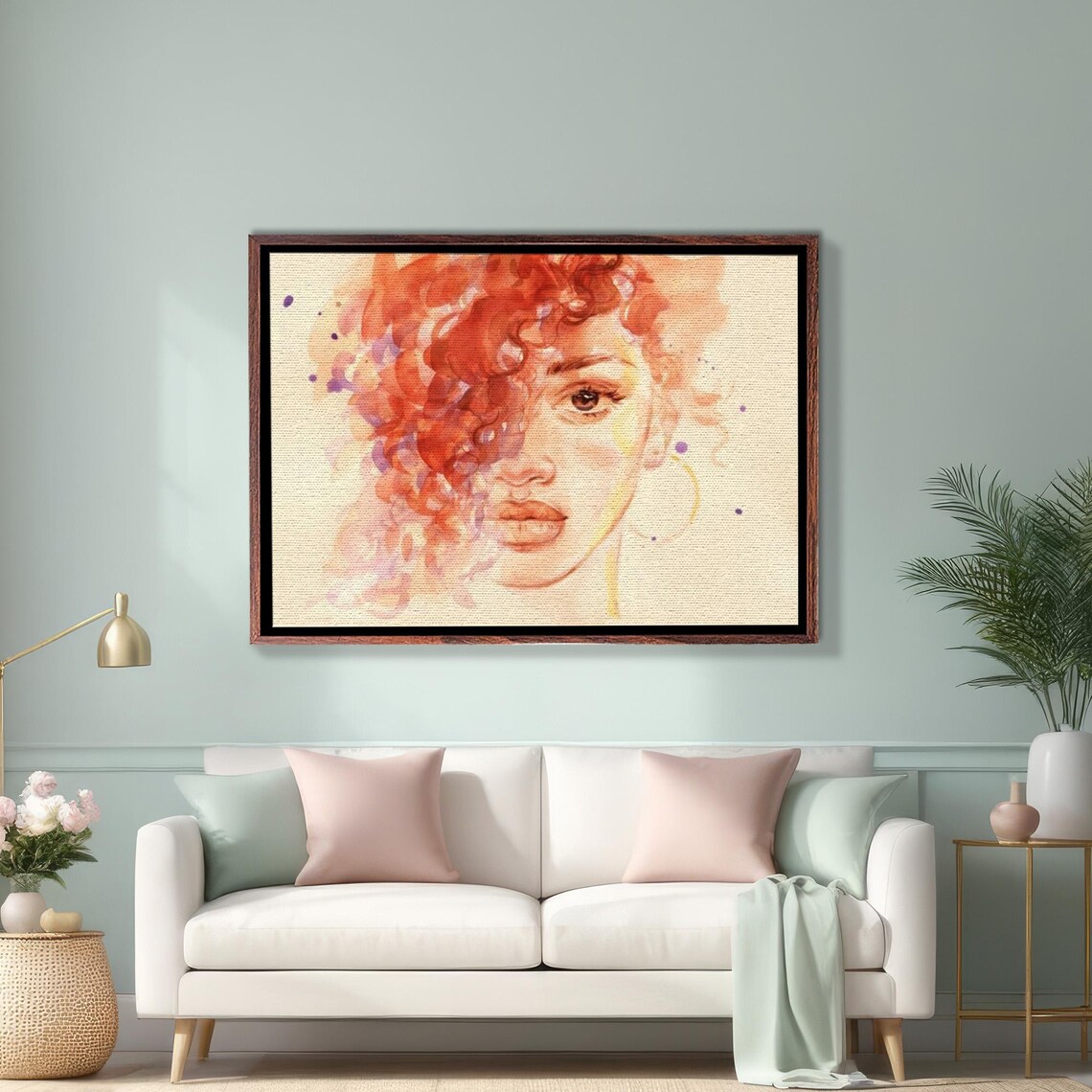 Woman With Red Curly Hair Watercolor Portrait Painting Art Poster