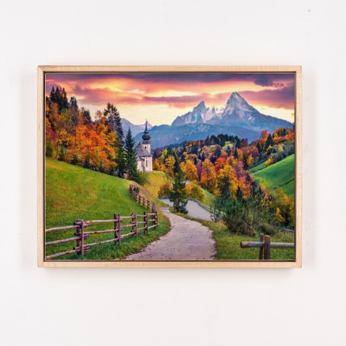 Alpine Church at Sunset With Autumn Mountains Landscape Poster - Image 4