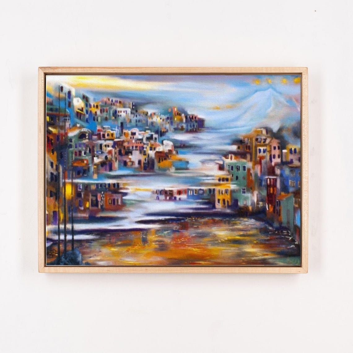 Vibrant Coastal Village Below Volcano Abstract Painting Poster - Image 4