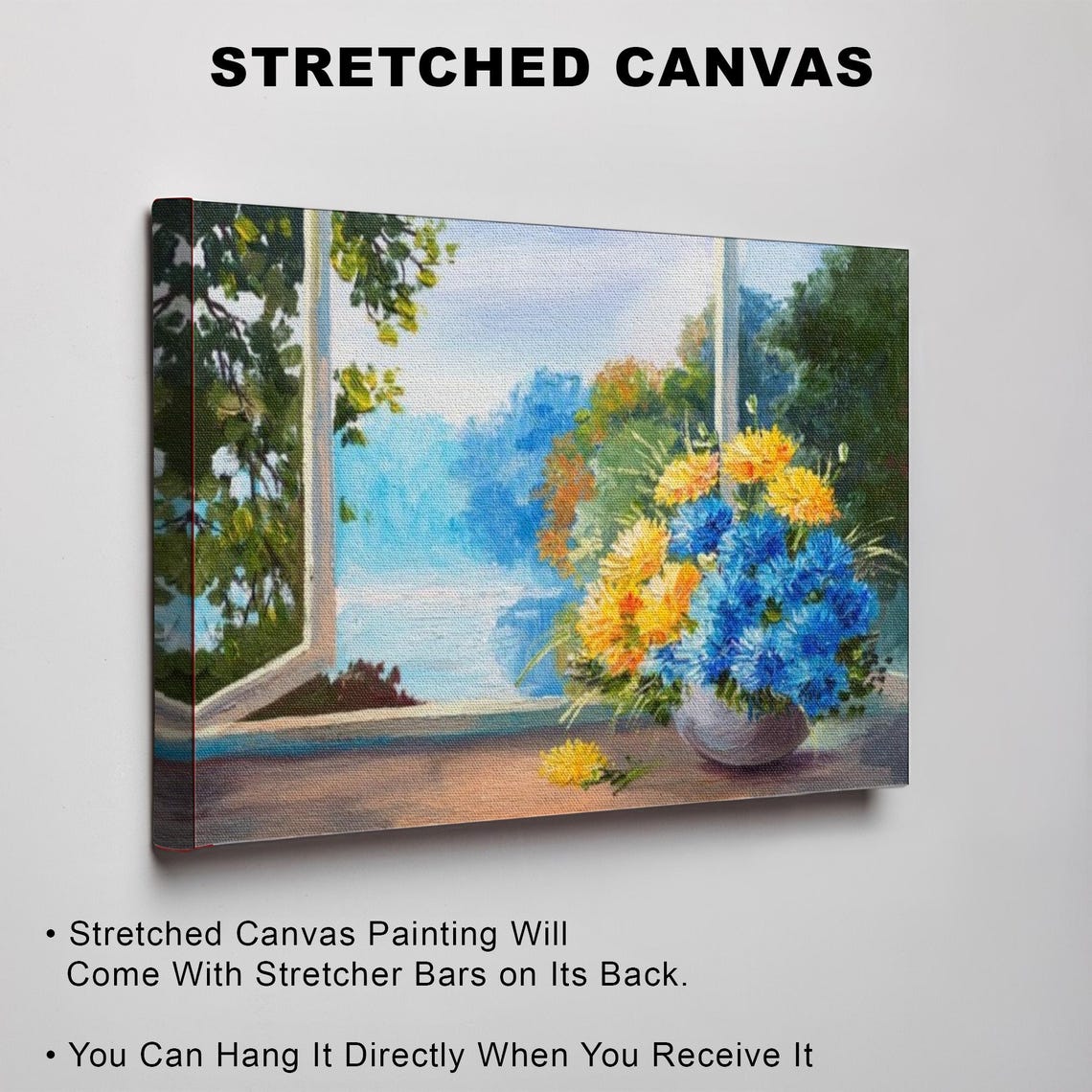 Colorful Cornflower Bouquet on Windowsill Overlooking Sea Poster - Image 3