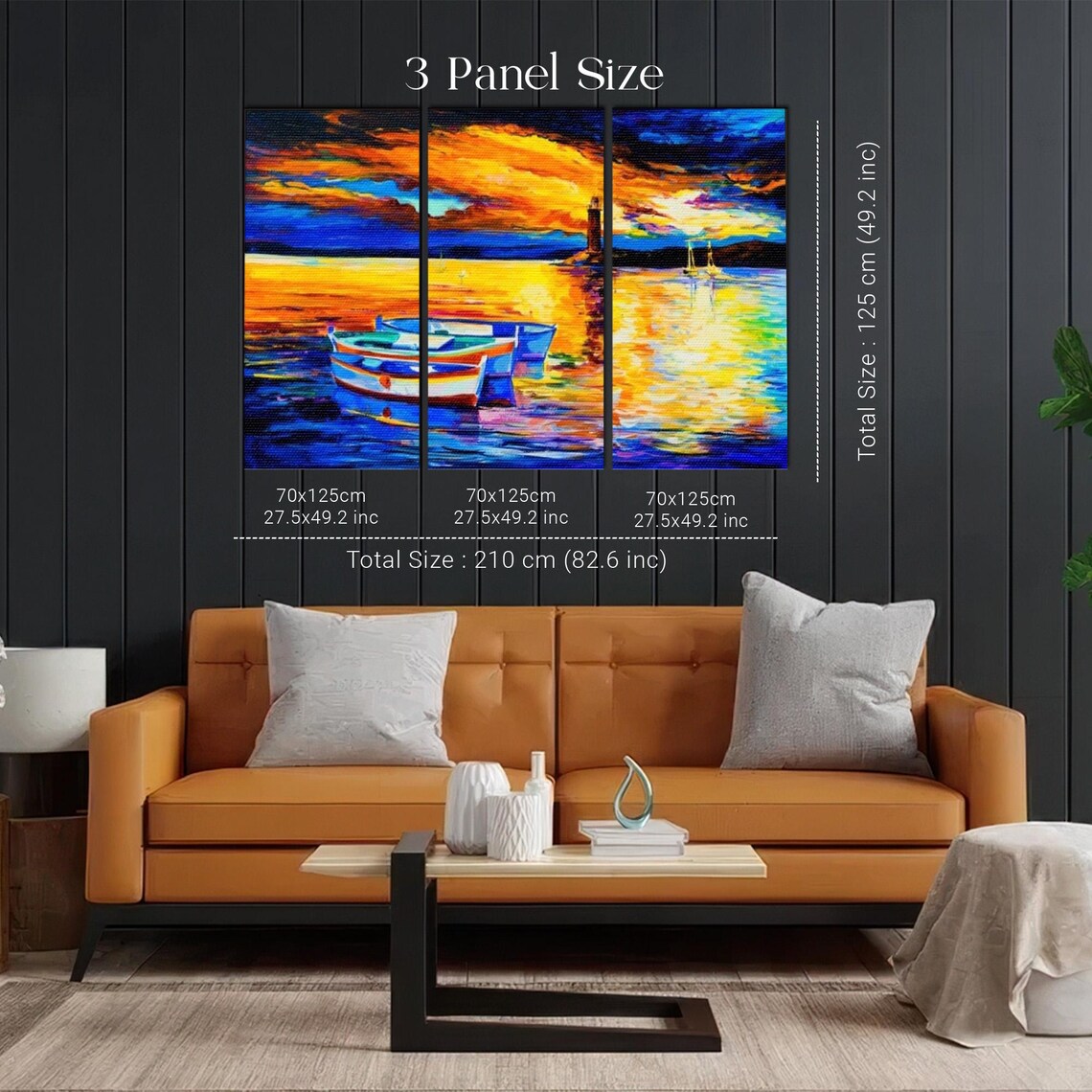 Fiery Sunset Ocean With Boats Lighthouse Harbor Scene Wall Art - Image 2
