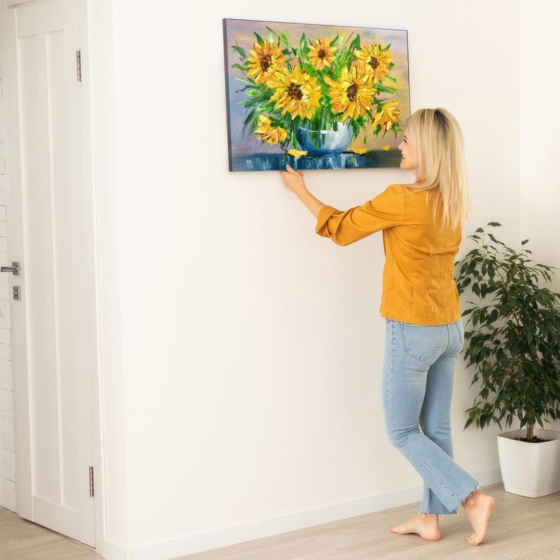 Bright Yellow Sunflowers in a Blue Glass Vase Still Life Poster - Image 5