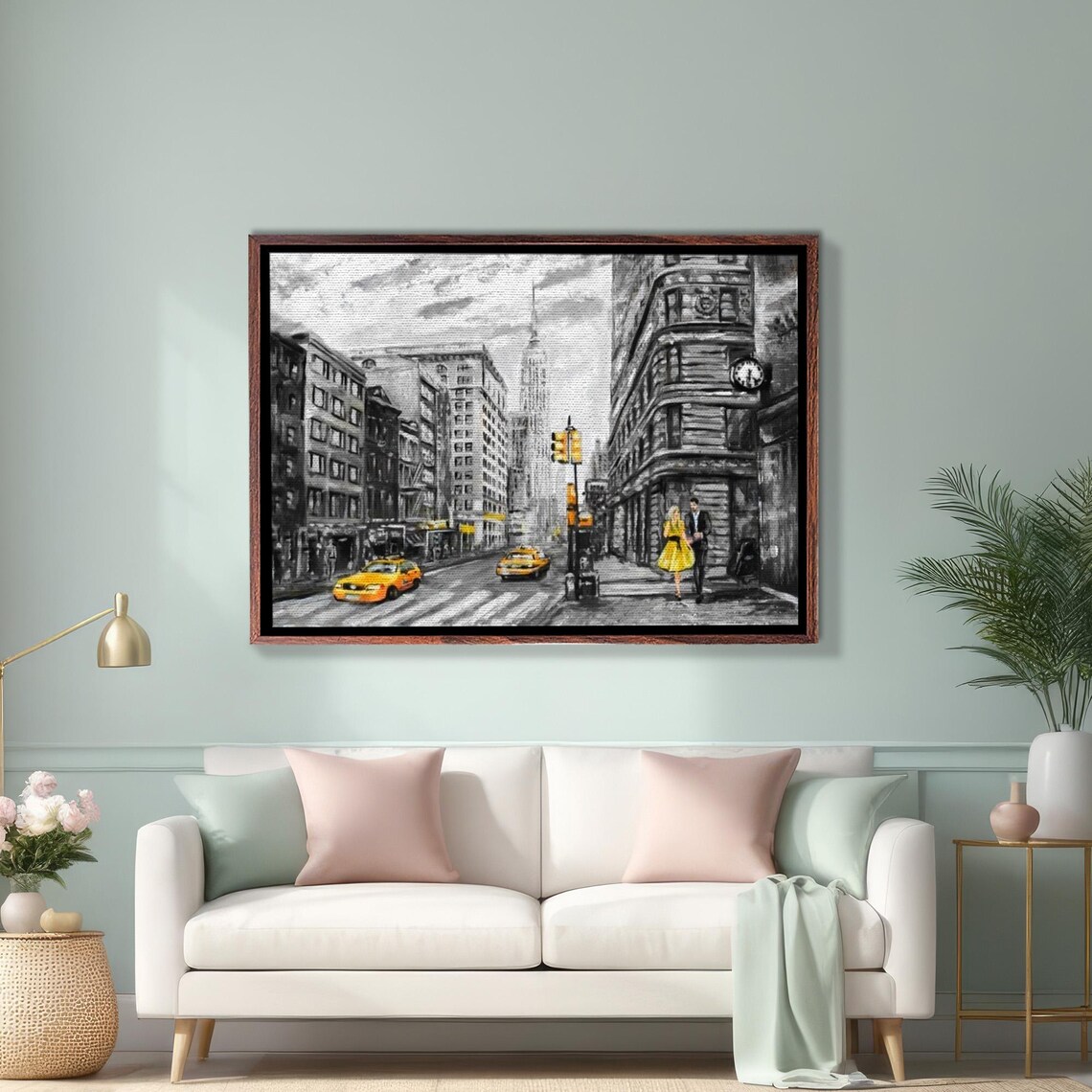 New York Street in Black and White with Yellow Taxi Cabs Poster