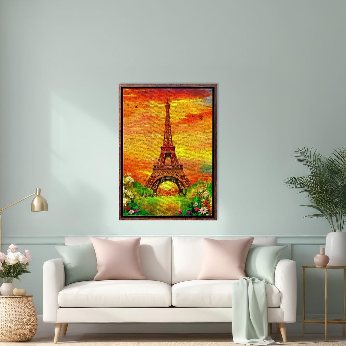 Romantic Eiffel Tower at Sunset Beneath a Fiery Orange Sky Poster