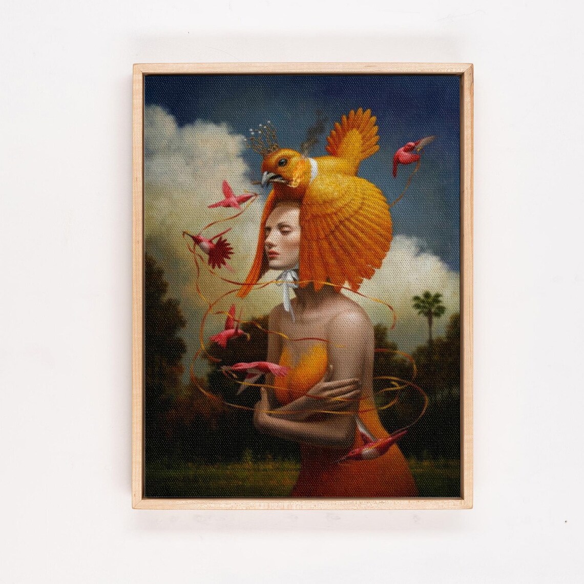 Surreal Woman With Golden Bird Crown In Orange Dress Art Poster - Image 4