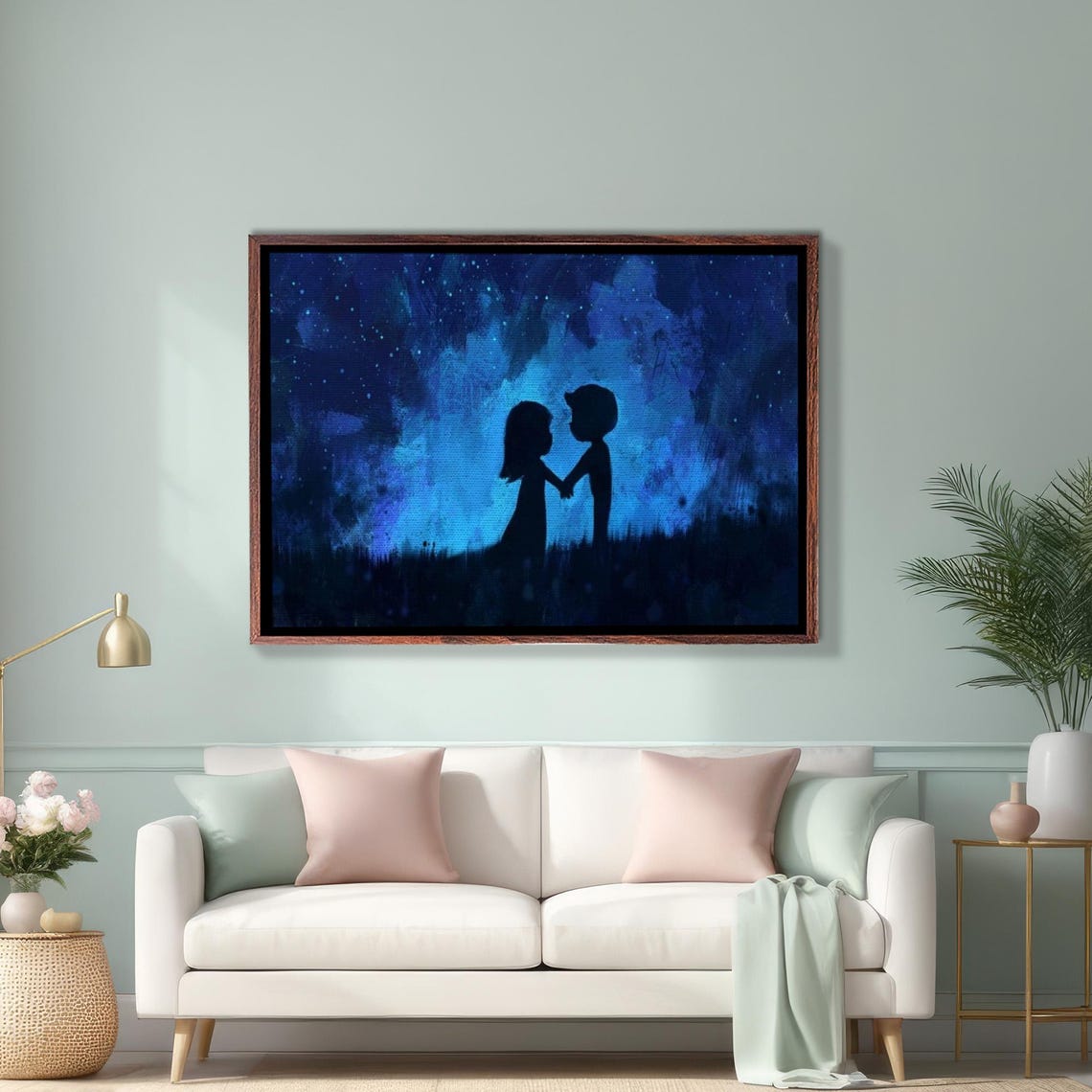 Young Couple Silhouette Holding Hands Under Starry Sky Poster