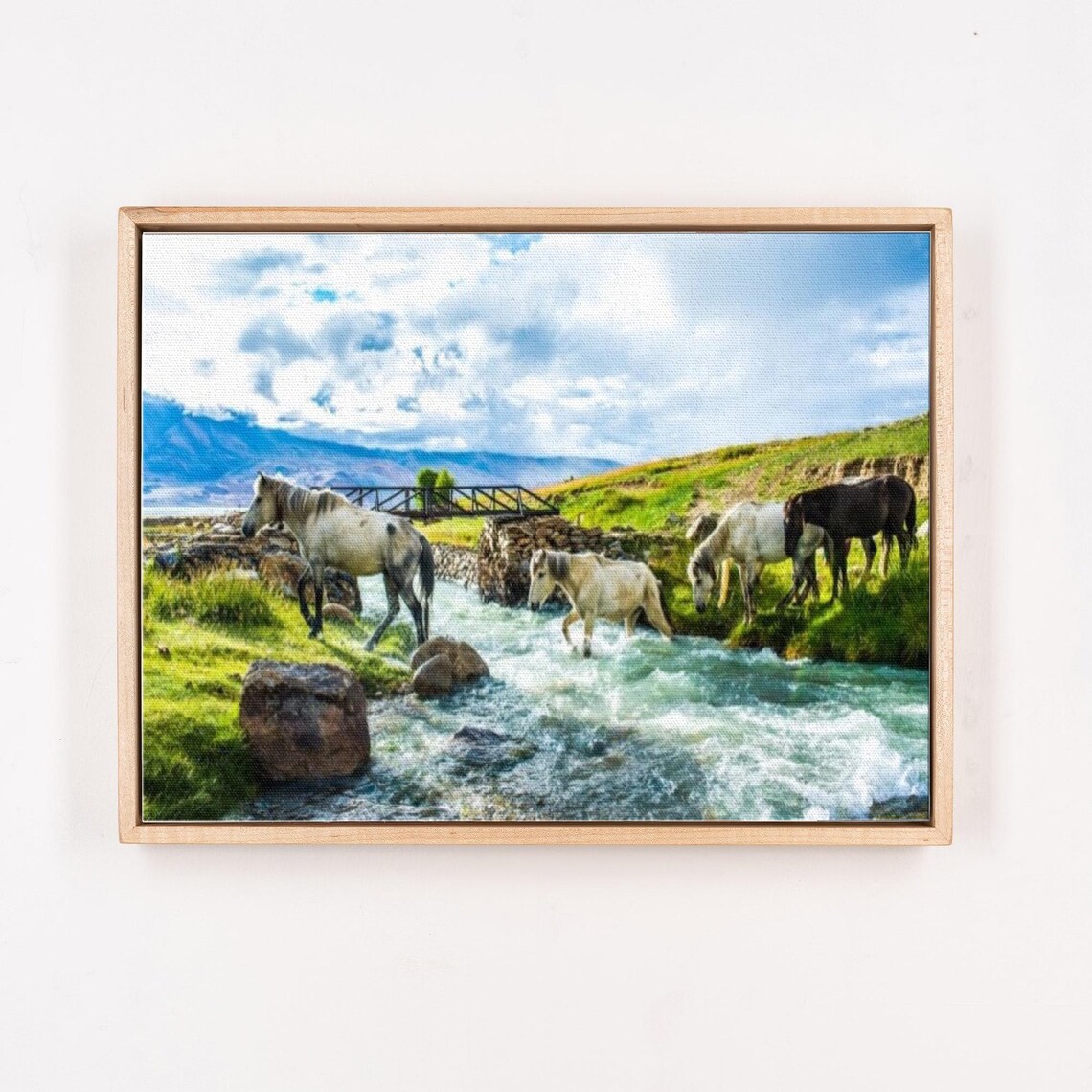 Wild Horses Crossing River In Green Mountain Valley Painting Poster - Image 4