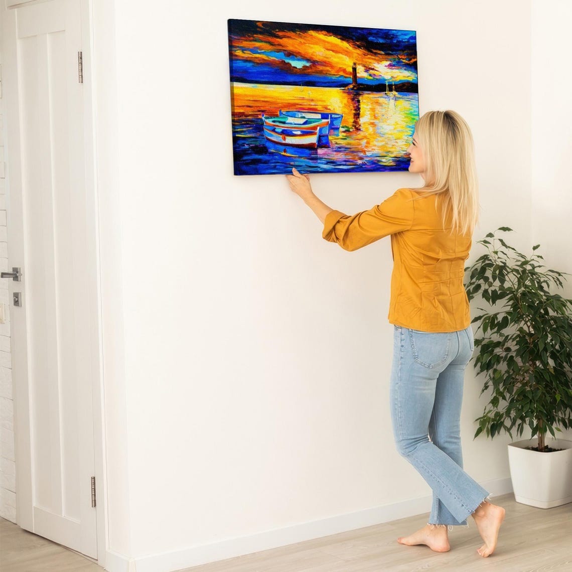 Fiery Sunset Ocean With Boats Lighthouse Harbor Scene Wall Art - Image 5