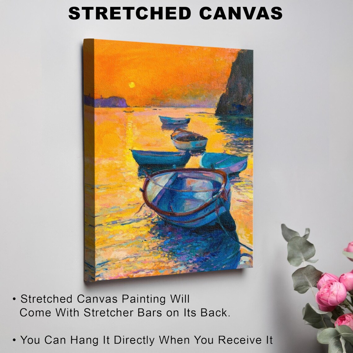 Fishing Boats On Shore At Golden Sunset By The Sea Oil Painting Poster - Image 3