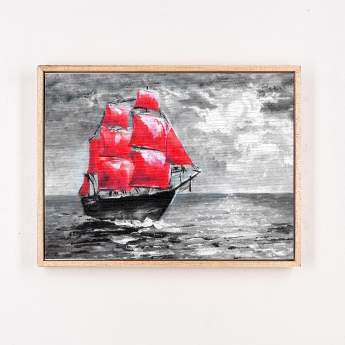 Tall Ship with Vivid Red Sails on Gray Stormy Sea Painting Poster - Image 4