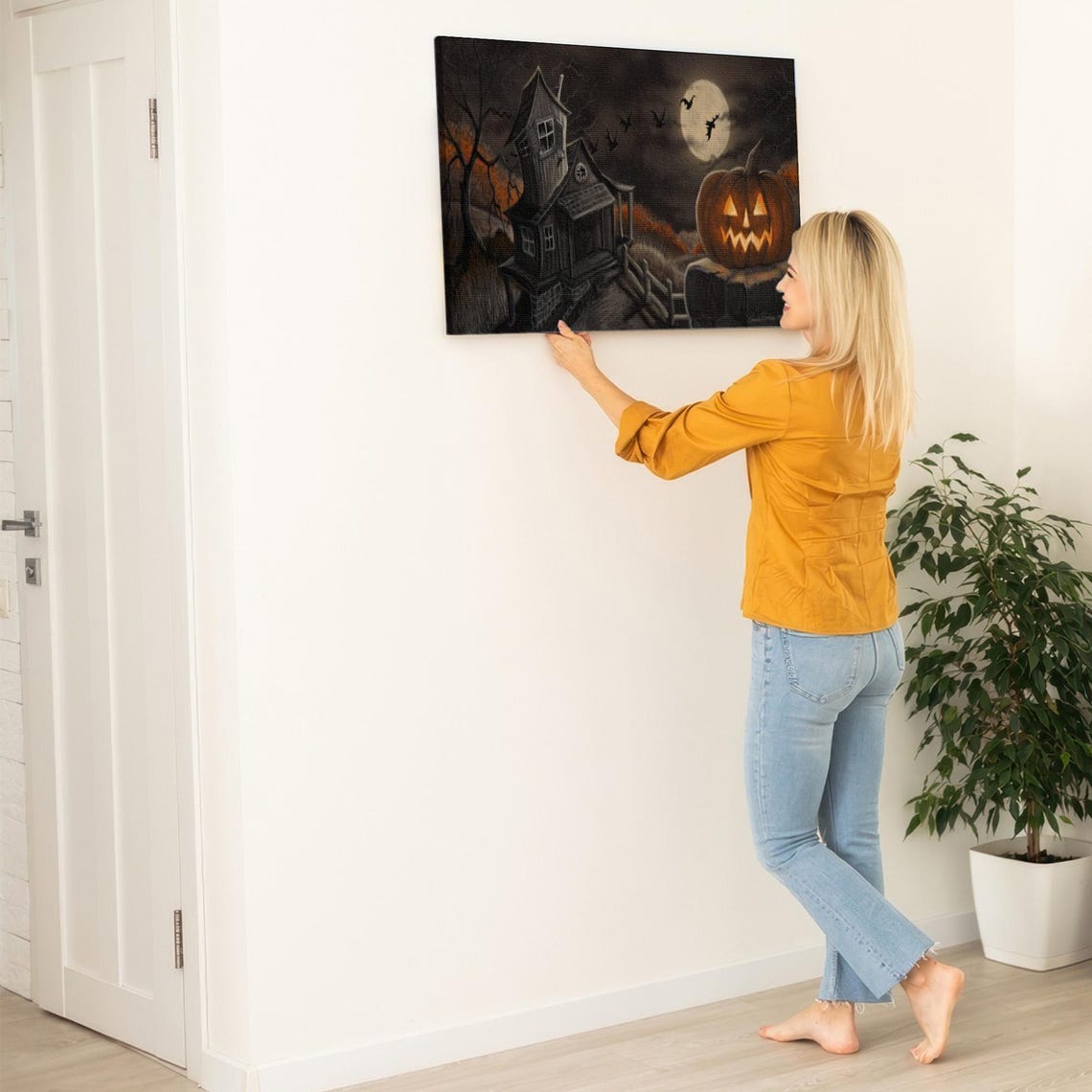 Haunted House and Glowing Jack O Lantern Under Full Moon Poster - Image 5