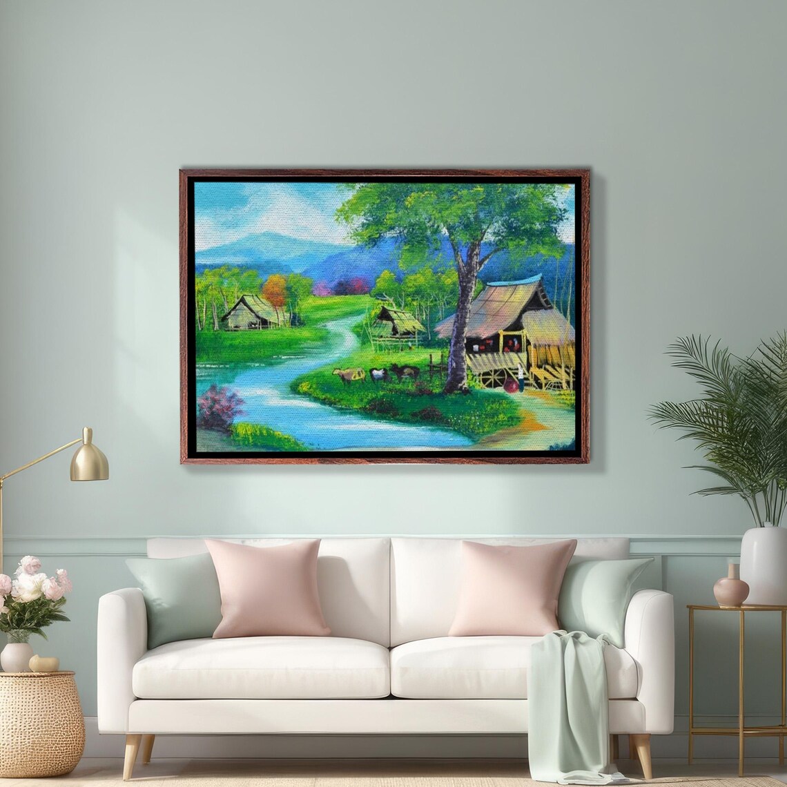 Rural Village With Stilt Houses By Winding River Painting Poster