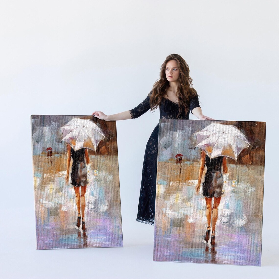 Woman With White Umbrella Walking In The Rain Oil Painting Art Poster - Image 5