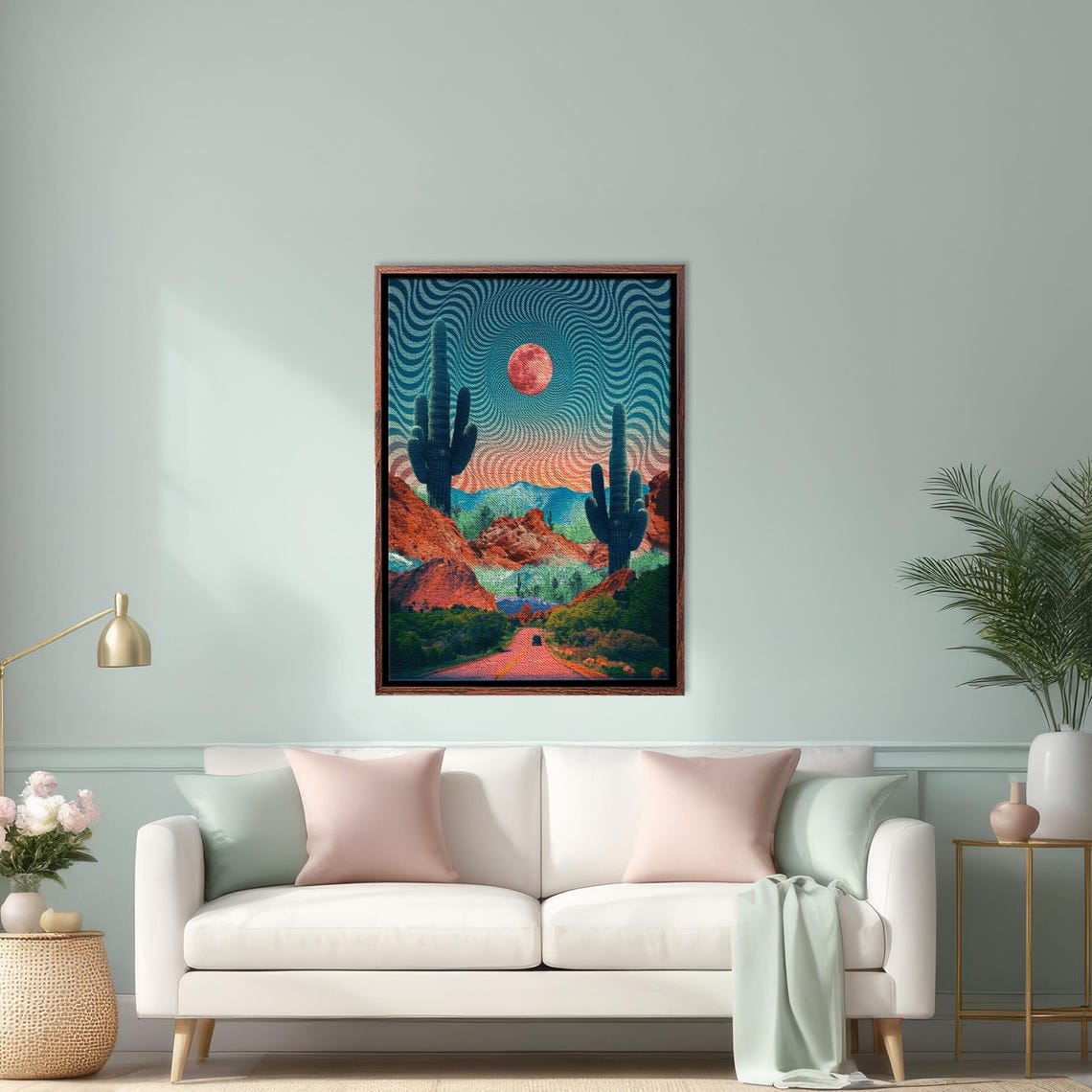 Southwest Desert Road With Giant Saguaro Cacti At Sunset Poster