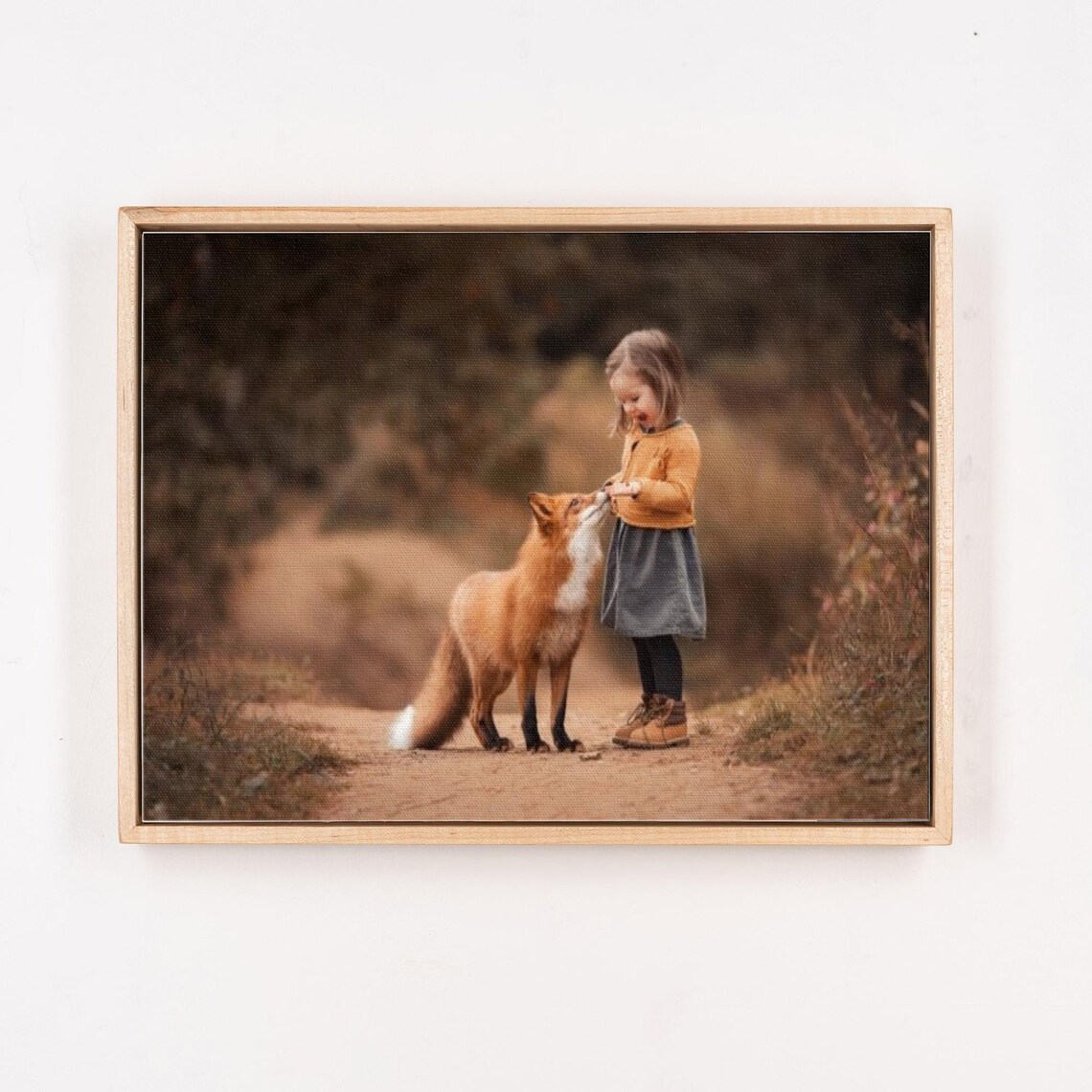 Little Girl Feeding a Red Fox on Forest Path Photo Art Poster - Image 4