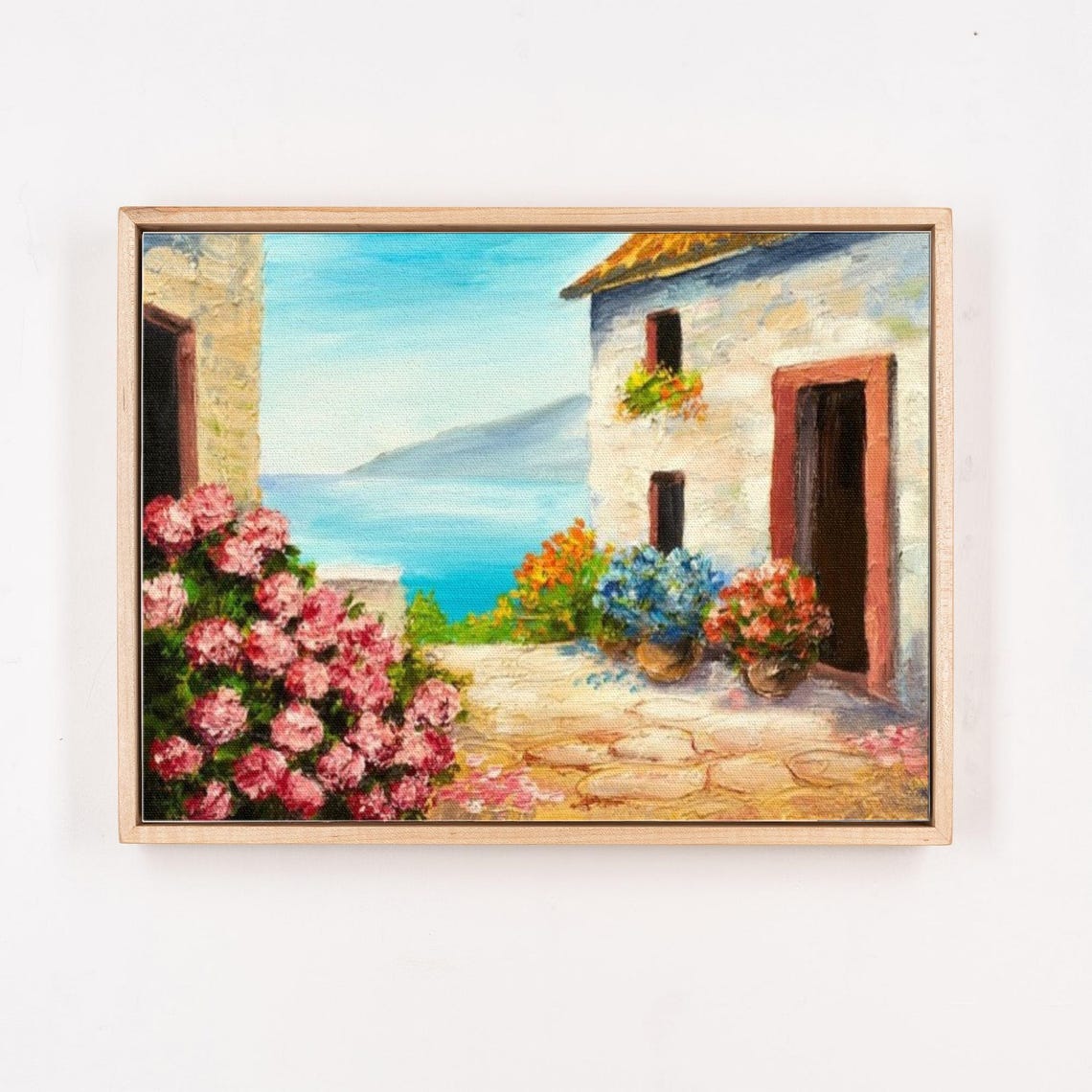 Mediterranean Coastal House With Pink Flowers And Sea View Poster - Image 4