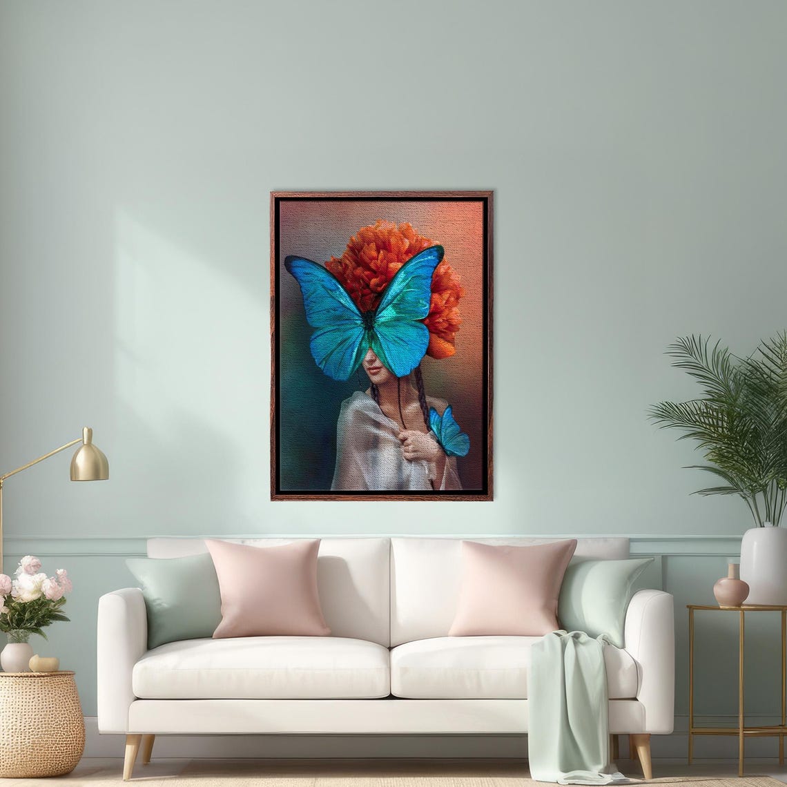 Blue Butterfly Woman Oil Painting Look Decorative Wall Print Framed Wall Art Surreal Wall Art Surreal Print