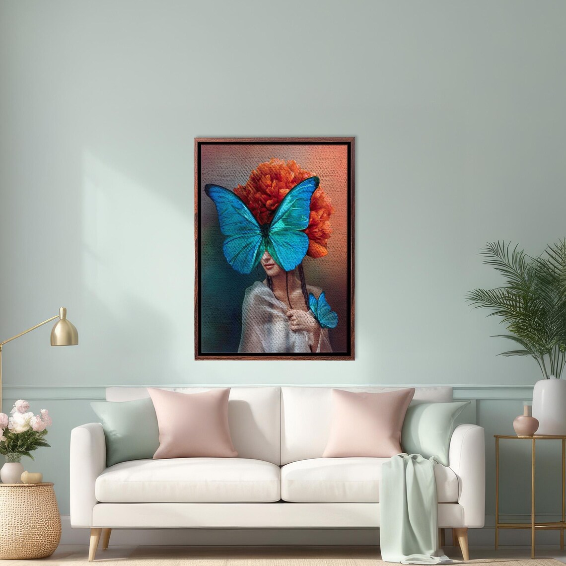 Blue Butterfly Woman Surreal Portrait With Flower Crown Poster