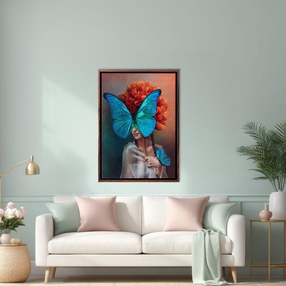 Blue Butterfly Woman Oil Painting Look Decorative Wall Print Framed Wall Art Surreal Wall Art Surreal Print