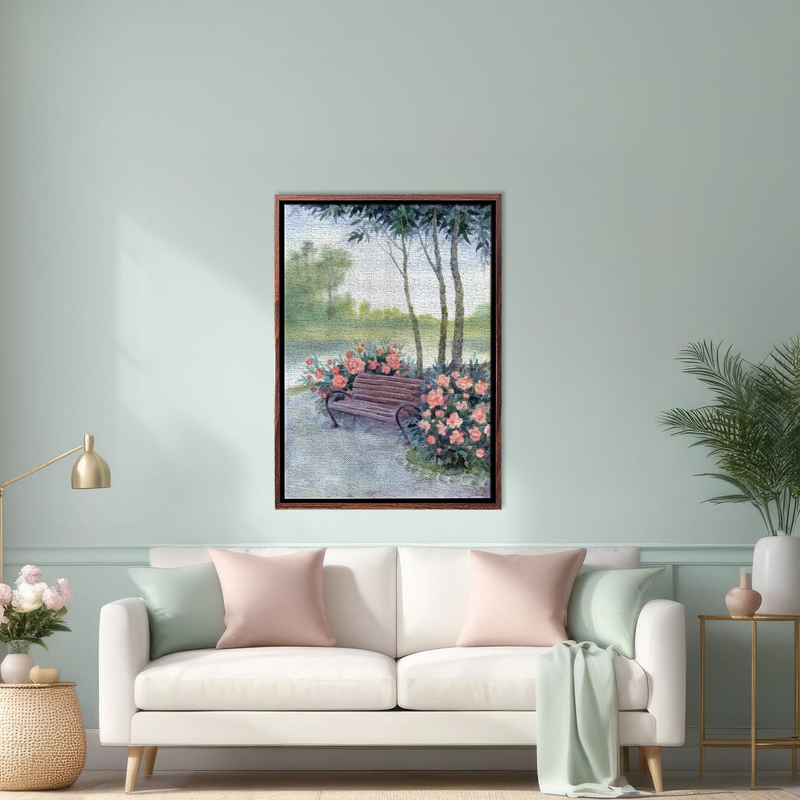 Wooden Park Bench Surrounded By Blooming Pink Roses Garden Poster