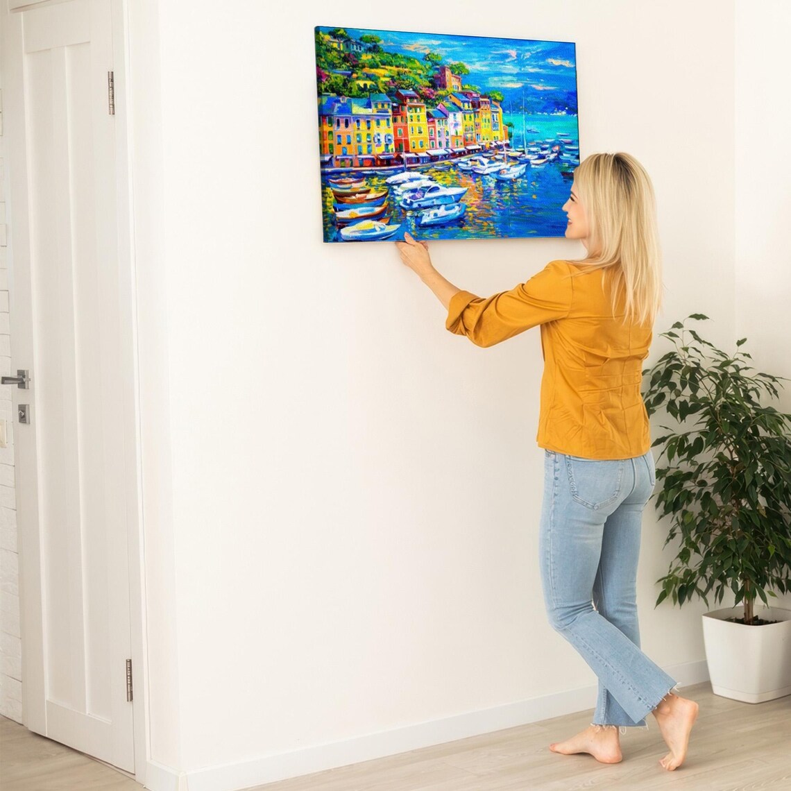 Colorful Mediterranean Harbor Town with Boats Painting Poster - Image 5