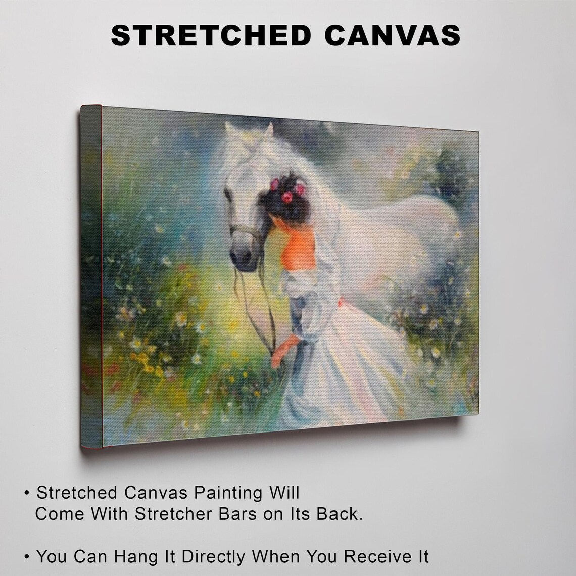 Girl with Flower Crown Embracing a White Horse Meadow Painting Poster - Image 3