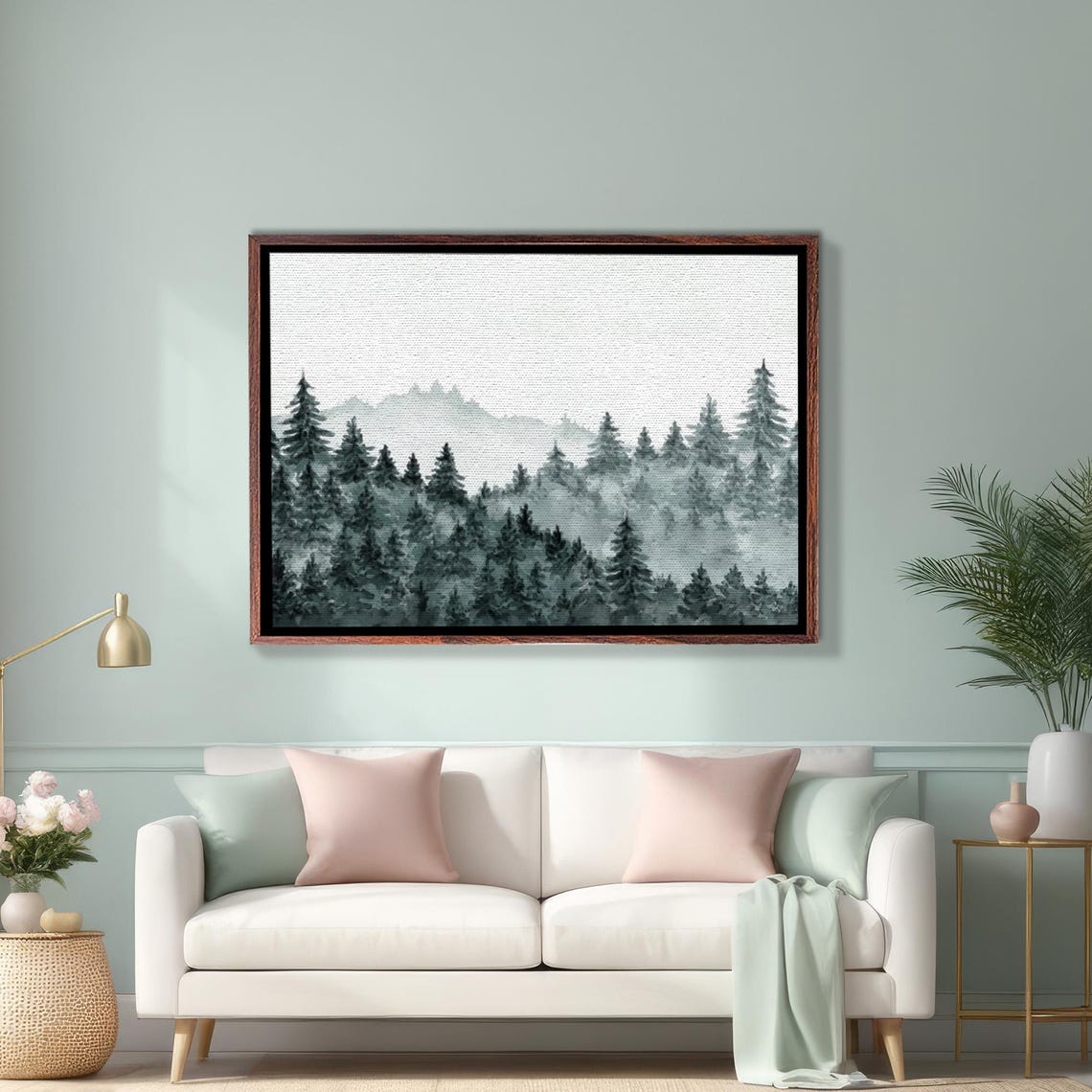 Misty Pine Forest Watercolor In Soft Gray Green Tones Poster