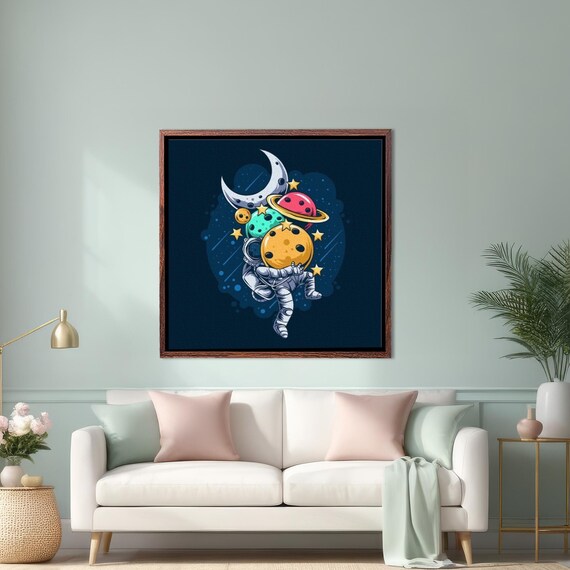 Astronaut Carrying Armful of Colorful Planets Space Cartoon Poster