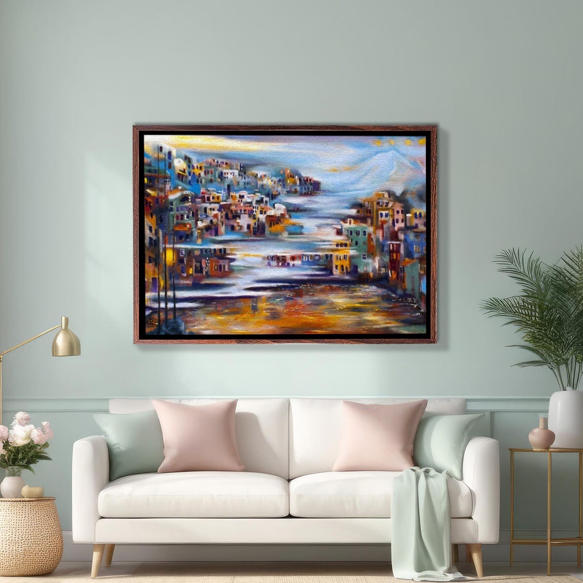 Vibrant Coastal Village Below Volcano Abstract Painting Poster