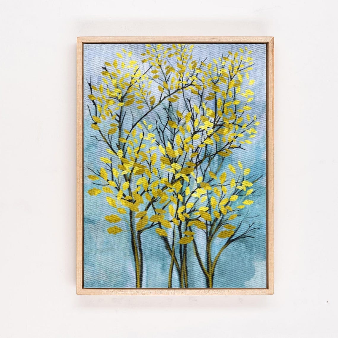 Yellow Leafed Birch Trees Painting on Blue Background Poster - Image 4