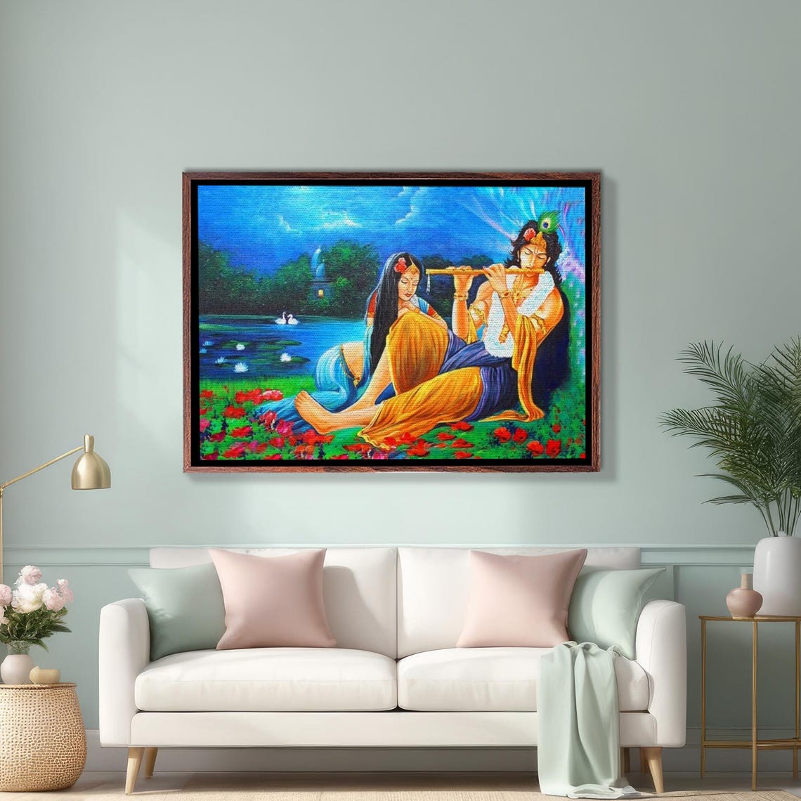 Radha Krishna Flute by Moonlit Lakeside Romantic Indian Poster