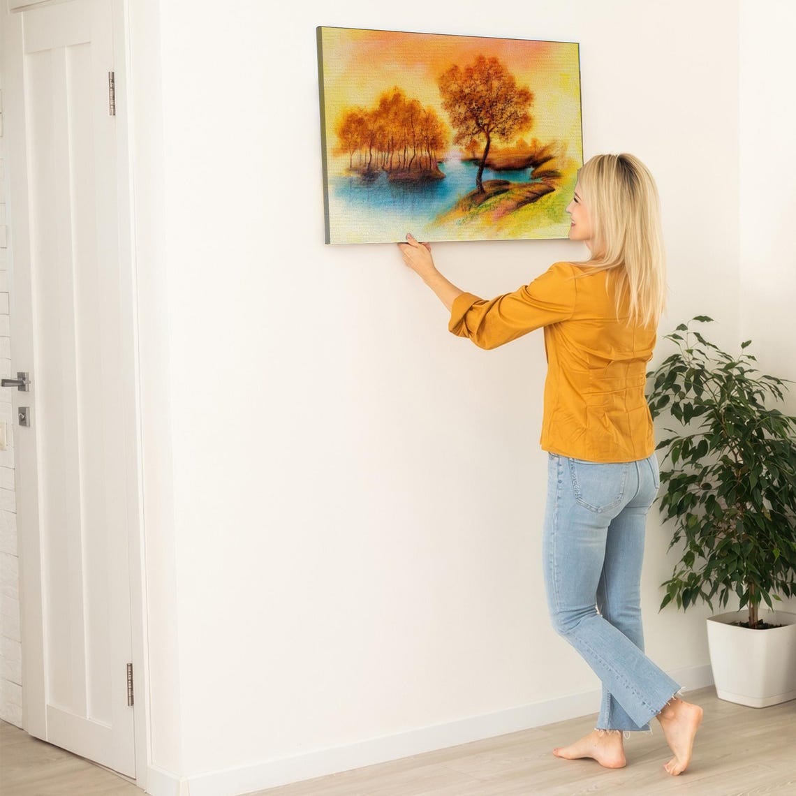 Autumn Trees By A Golden Lake Sunset Landscape Painting Art Poster - Image 5