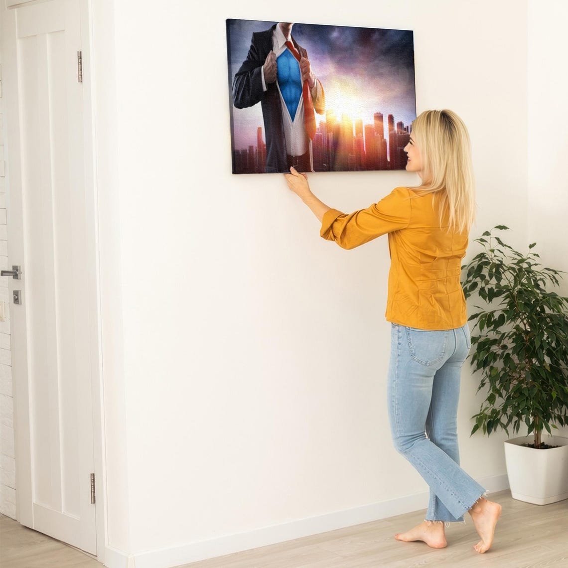Businessman Revealing Blue Superhero Suit Over City Skyline Poster - Image 5