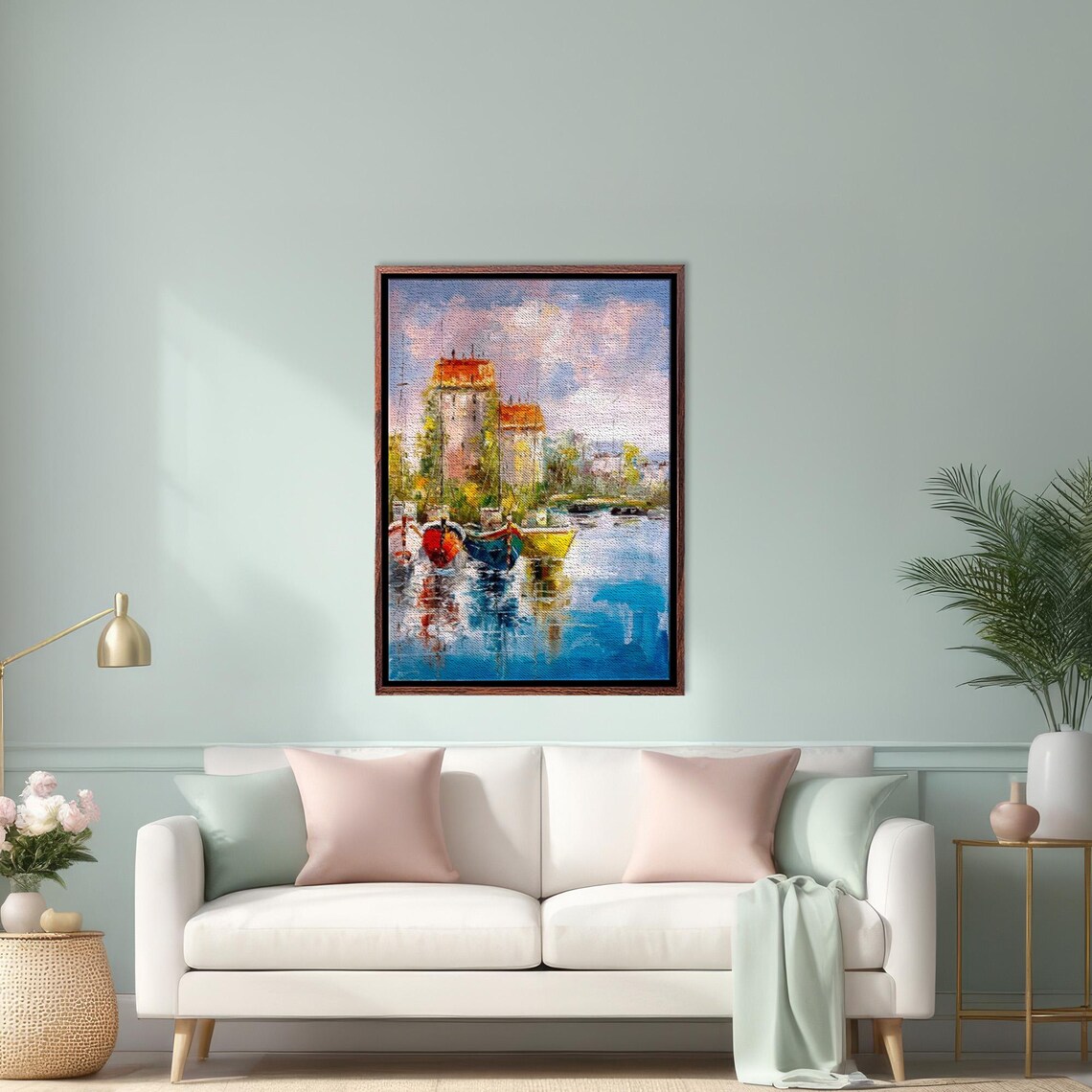 Colorful Fishing Boats in Harbor by Old Tower Painting Poster