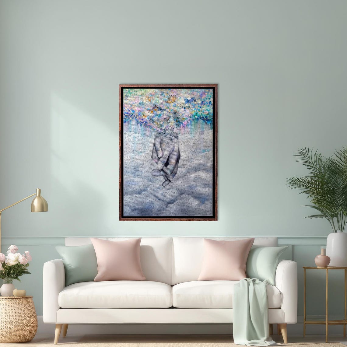 Surreal Cupped Hands Releasing Butterflies From Cloudy Sky Poster