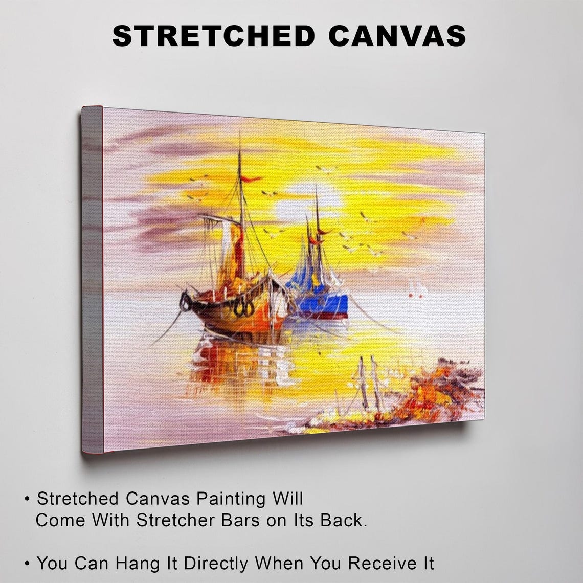 Tall Sailing Ships Golden Sunset Harbor Seascape Painting Poster - Image 3